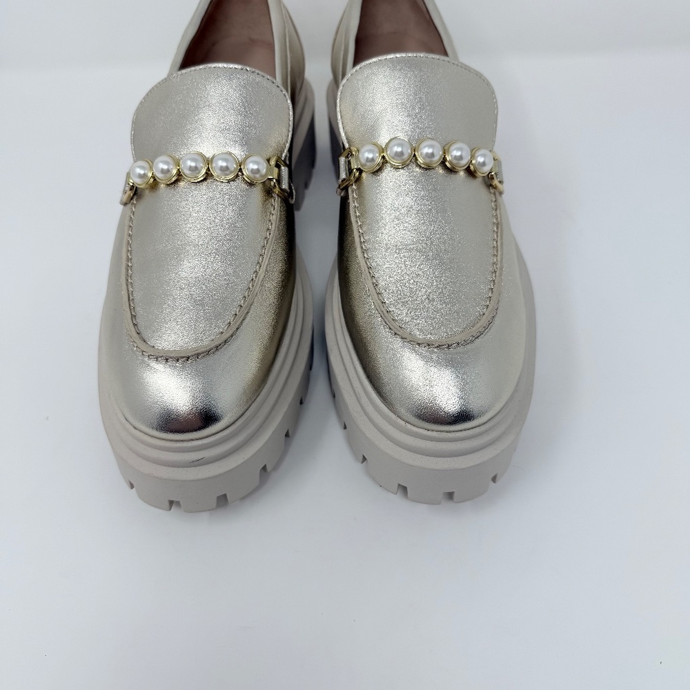 New Stuart Weitzman Perla Ultra Lug Sole Loafers Platino Gold Sz 7 - Picture 9 of 14